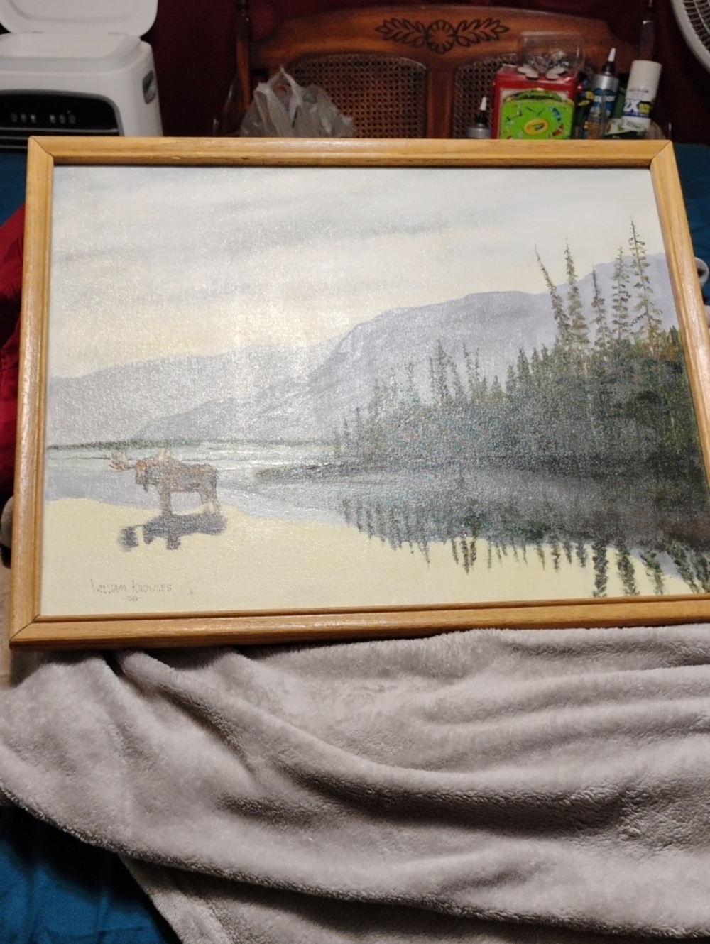 Framed Landscape Canvas Art W/ Moose Lake Scene By William Knowles